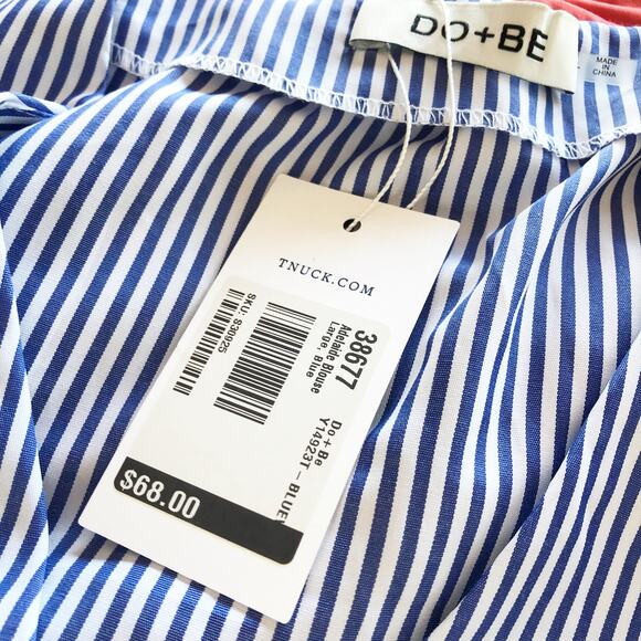 DO + BE Large Top Bell Sleeve Nautical Beachy Blue Stripe V Neck NEW! - Picture 9 of 9